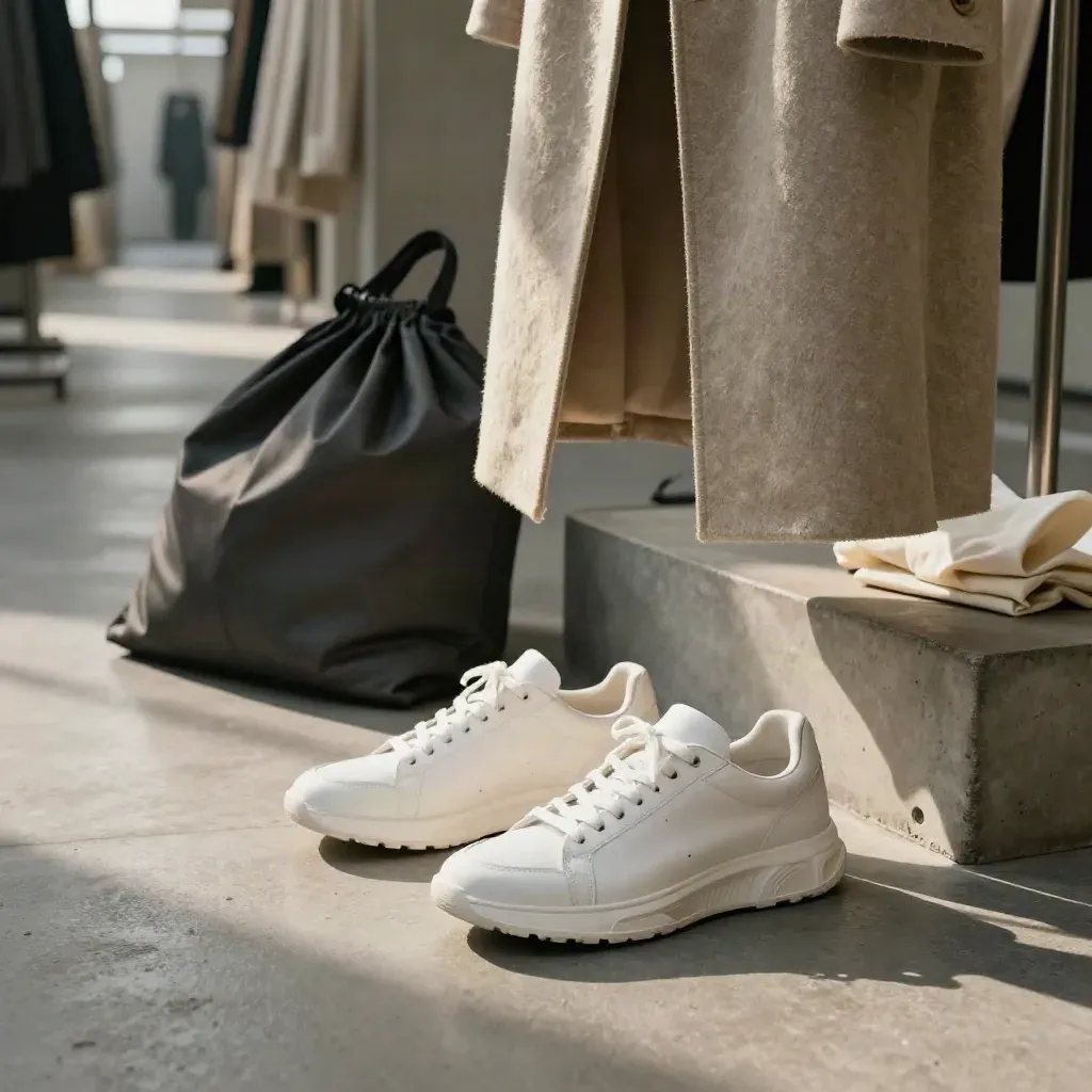 Witte sneakers, lange jas en kledinghoes op een betonnen sokkel in een modescène.