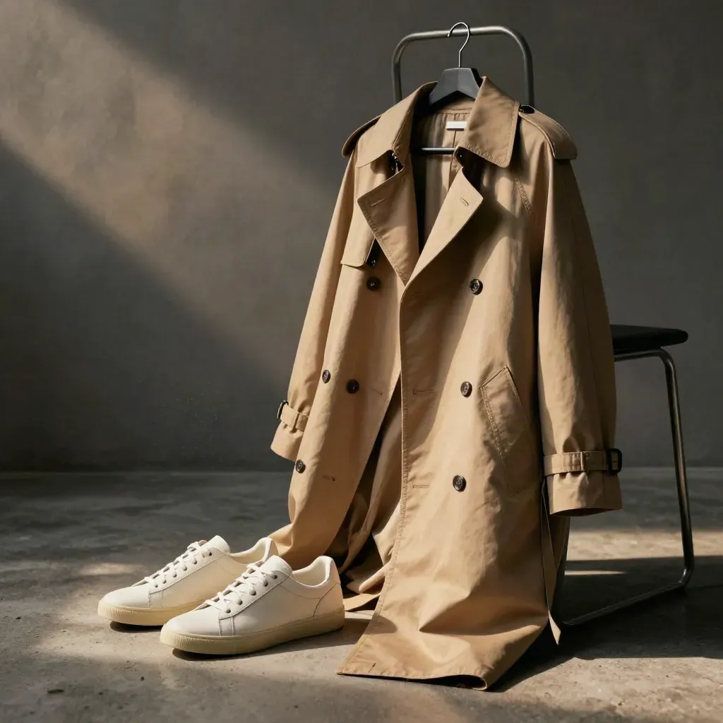 Sneakers en trenchcoat op een stoel in een donkere modehoek met zachte stofmist.