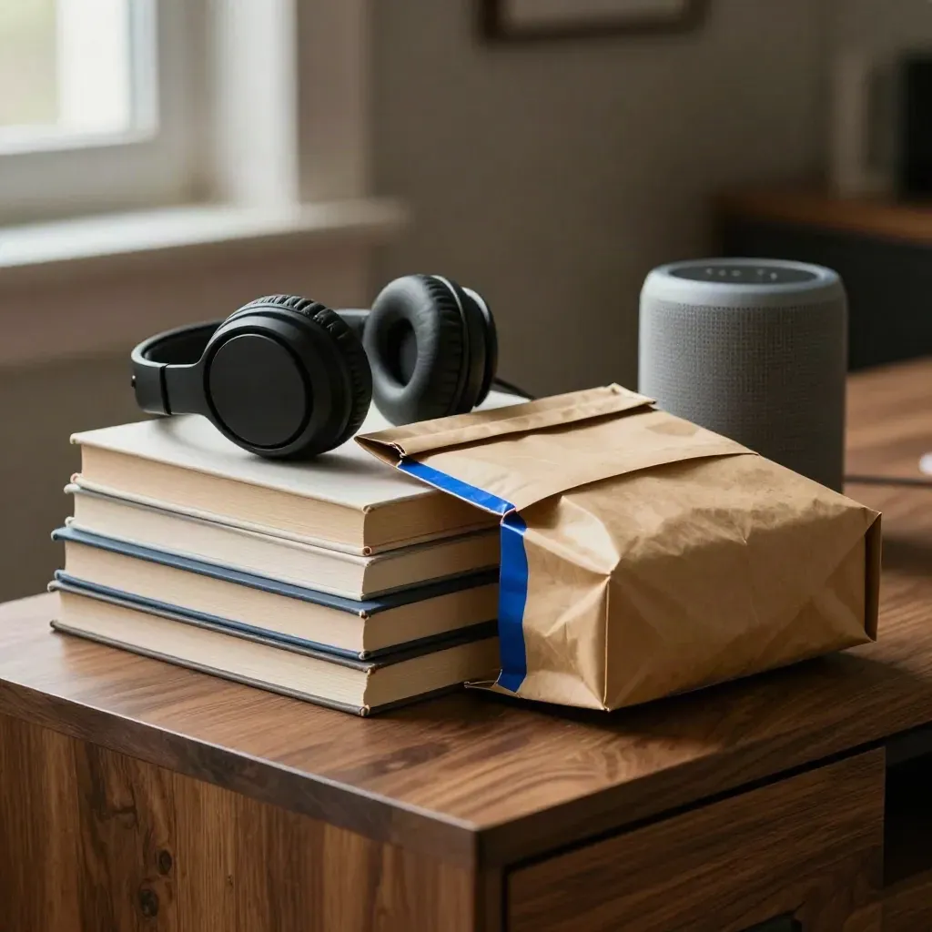 Open envelop met boeken, koptelefoon en slimme speaker in warme woonhoek.