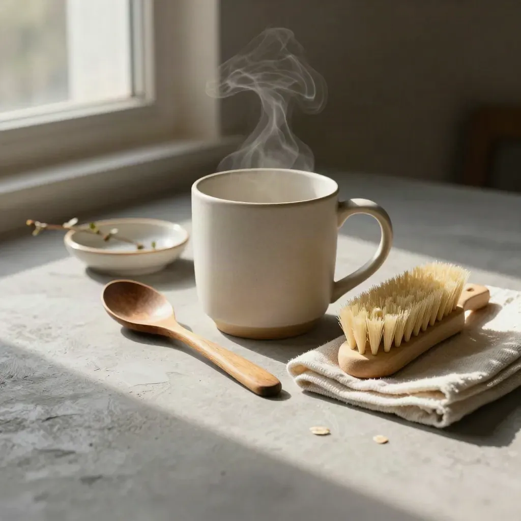 Stoneware mok, houten lepel, theedoek en schoonmaakborstel op een lichte woonondergrond.